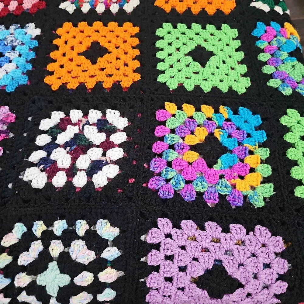 Vtg Handmade Granny Square Crochet Afghan Cottage Core 100